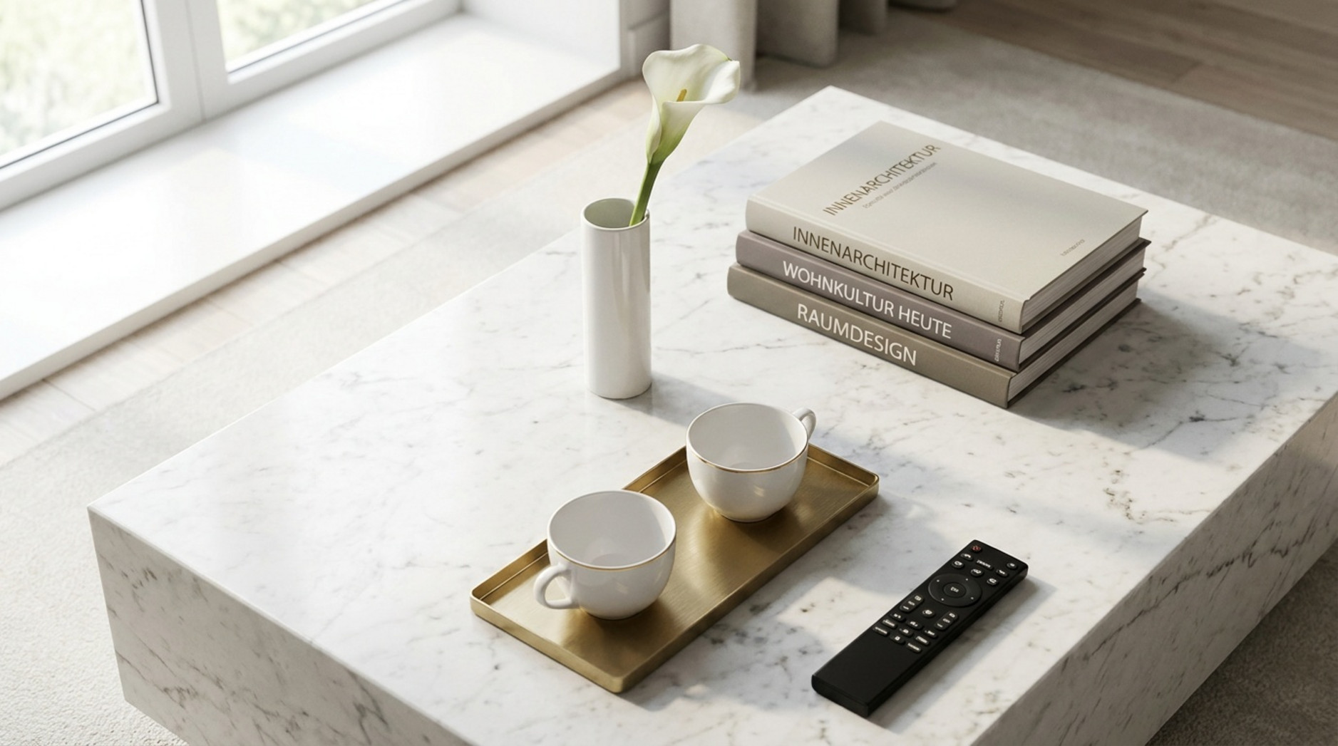 Heller Marmor-Couchtisch mit Designbüchern, zwei Kaffeetassen auf einem goldenen Tablett, Calla-Blume und Fernbedienung.