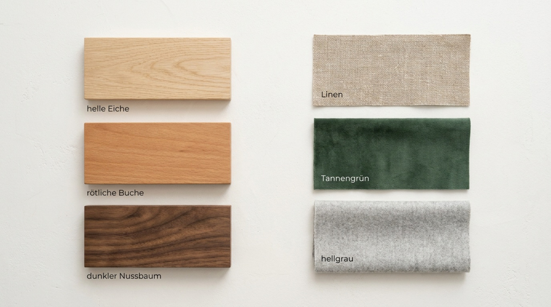Materialmuster aus heller Eiche, rötlicher Buche, dunklem Nussbaum sowie Stoffen in Leinen, Tannengrün und Hellgrau