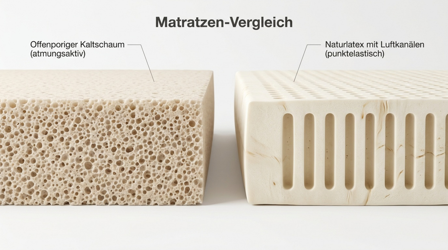 Vergleich von offenporigem Kaltschaum und Naturlatex mit Luftkanälen für Matratzen