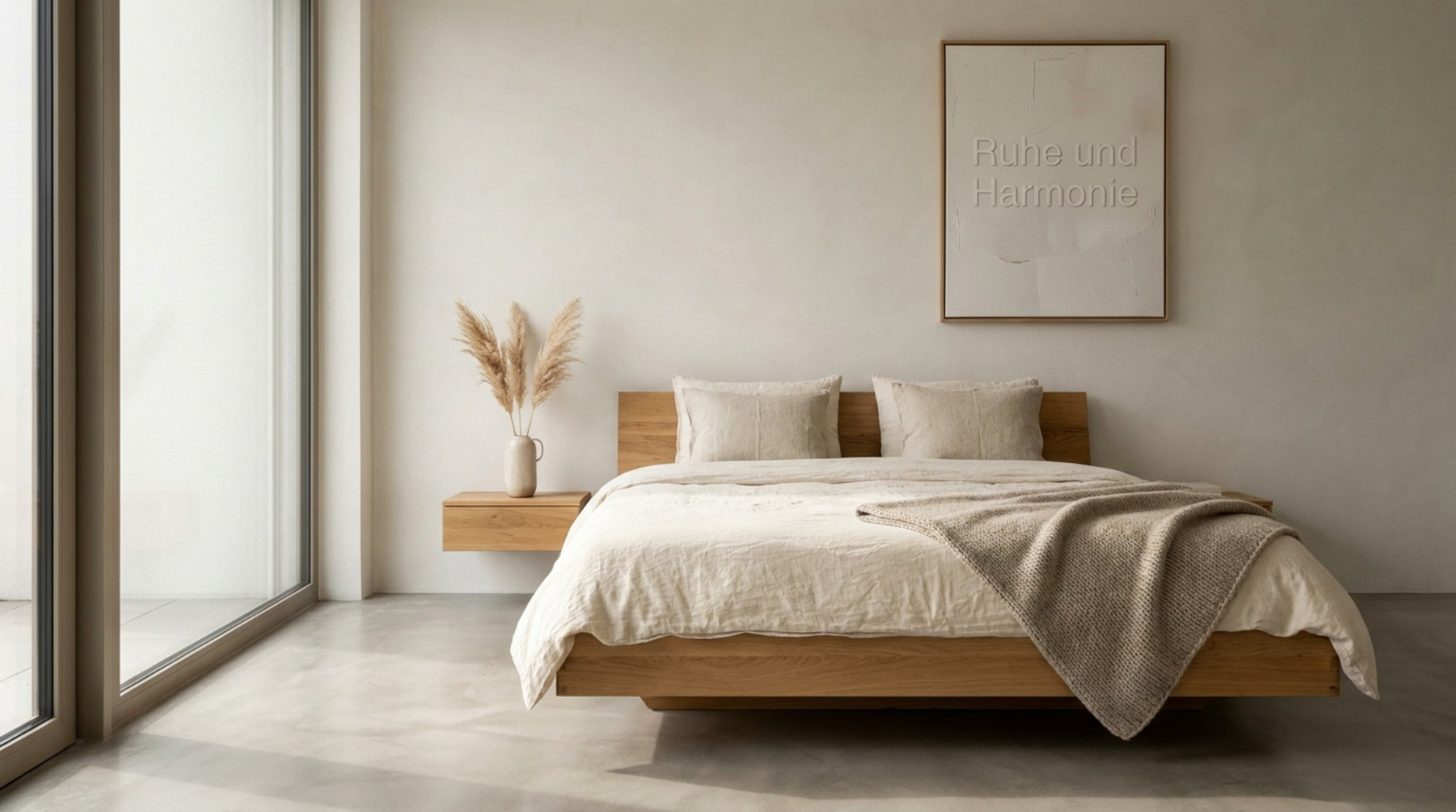 Minimalistisches Holzbett mit heller Bettwäsche, gestrickter Decke und schwebendem Nachtkästchen in einem ruhigen Schlafzimmer