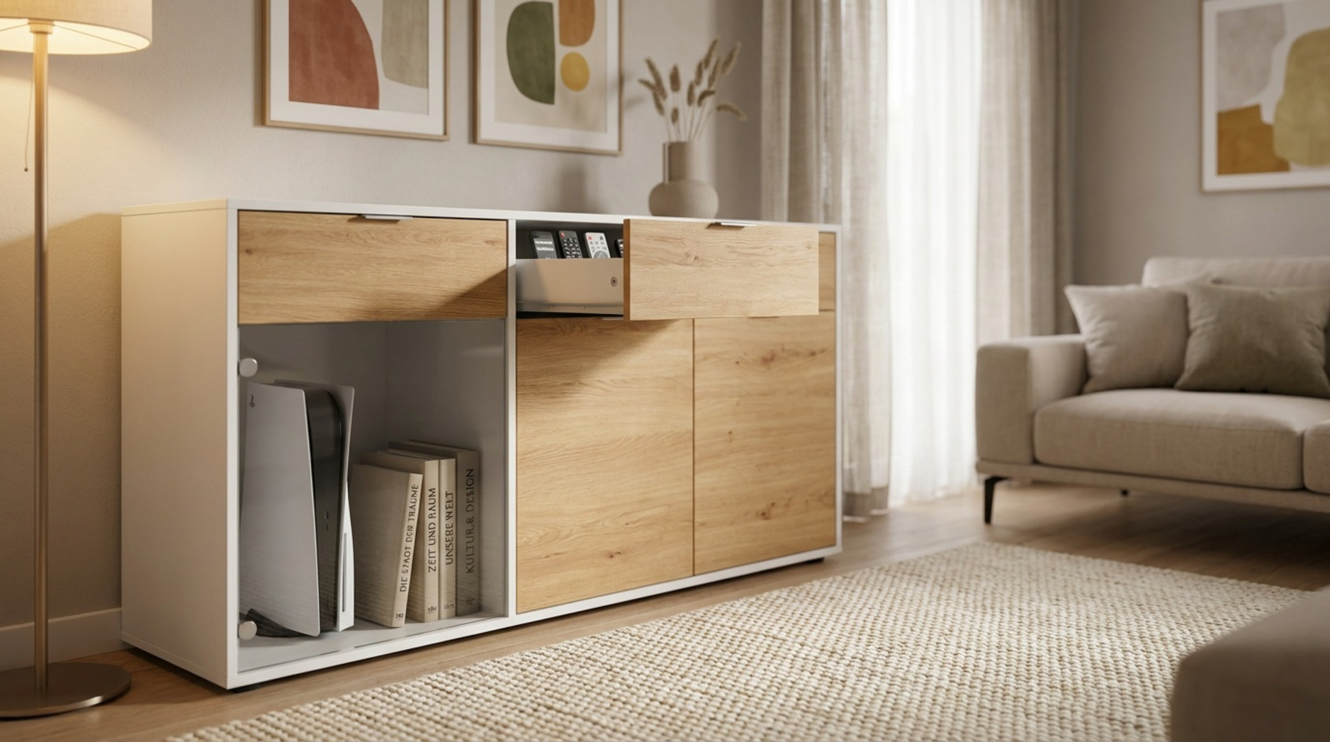 Moderne Kommode in Weiß und Holzoptik mit Schubladen, Fächern, Büchern und elektronischen Geräten im Wohnzimmer