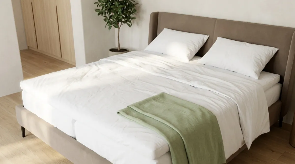 Modernes Doppelbett mit gepolstertem Kopfteil, weißer Bettwäsche und grünem Überwurf