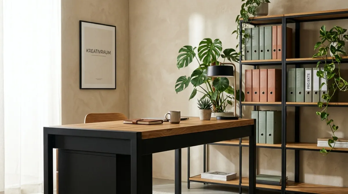 Modernes Homeoffice mit Holzschreibtisch, schwarzen Metallregalen, Ordnern und Zimmerpflanzen