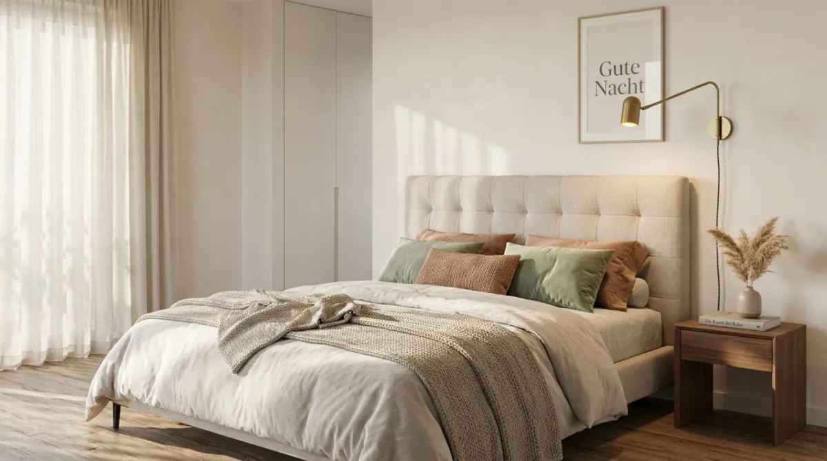Modernes Schlafzimmer mit gepolstertem Doppelbett, hohem Kopfteil und warmen Naturtönen