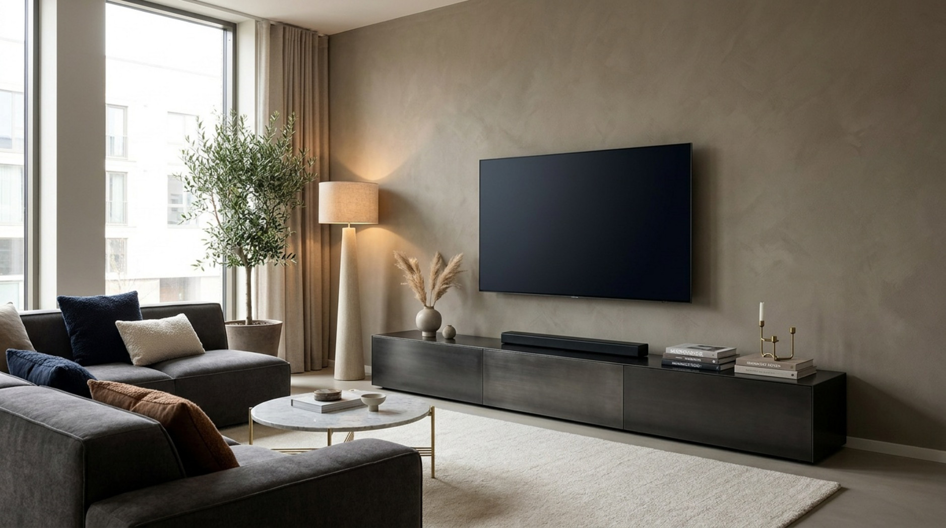 Modernes Wohnzimmer mit wandmontiertem Fernseher, dunklem Lowboard, Sofa und großem Fenster