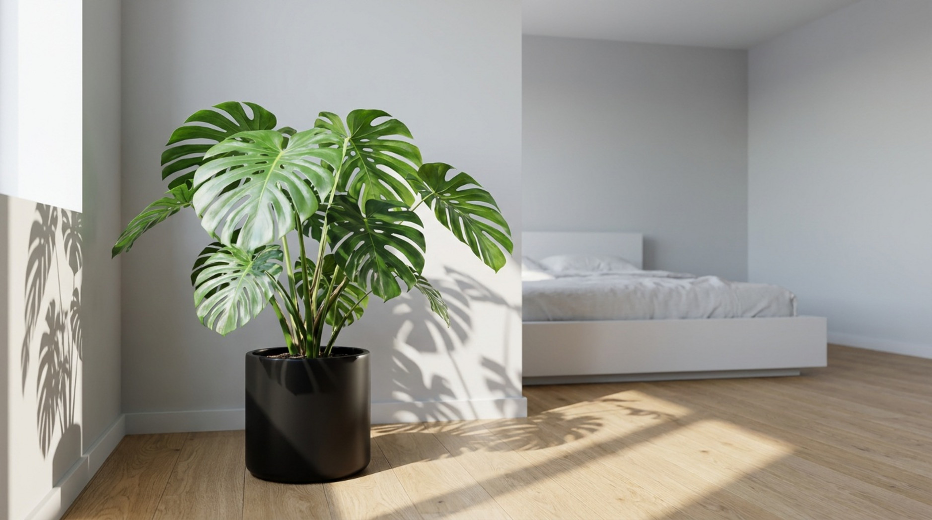 Große Monstera in einem schwarzen Pflanzentopf vor einem weißen Bett in einem hellen, minimalistischen Schlafzimmer