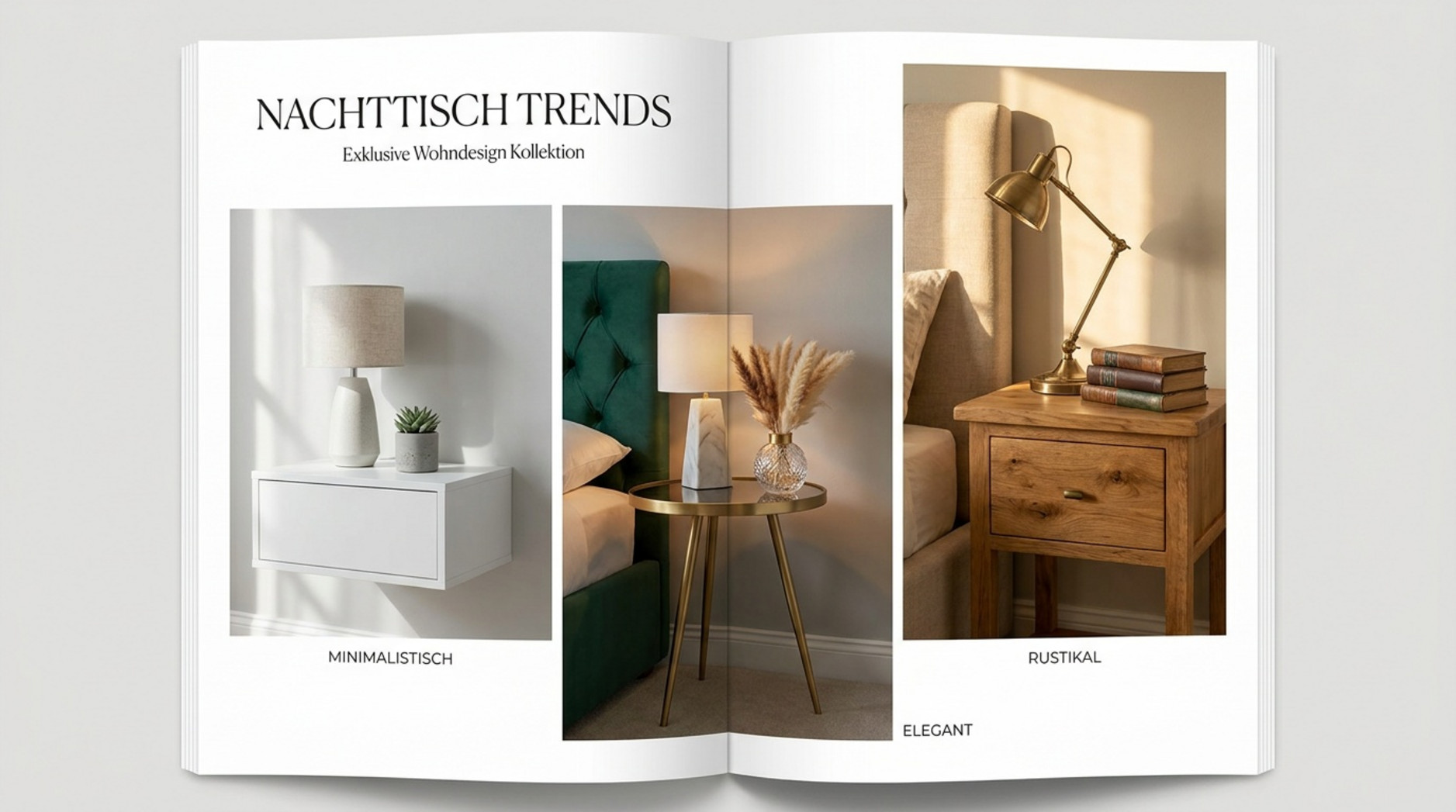 Magazin-Doppelseite mit drei Nachttisch-Stilen: minimalistisch, elegant und rustikal