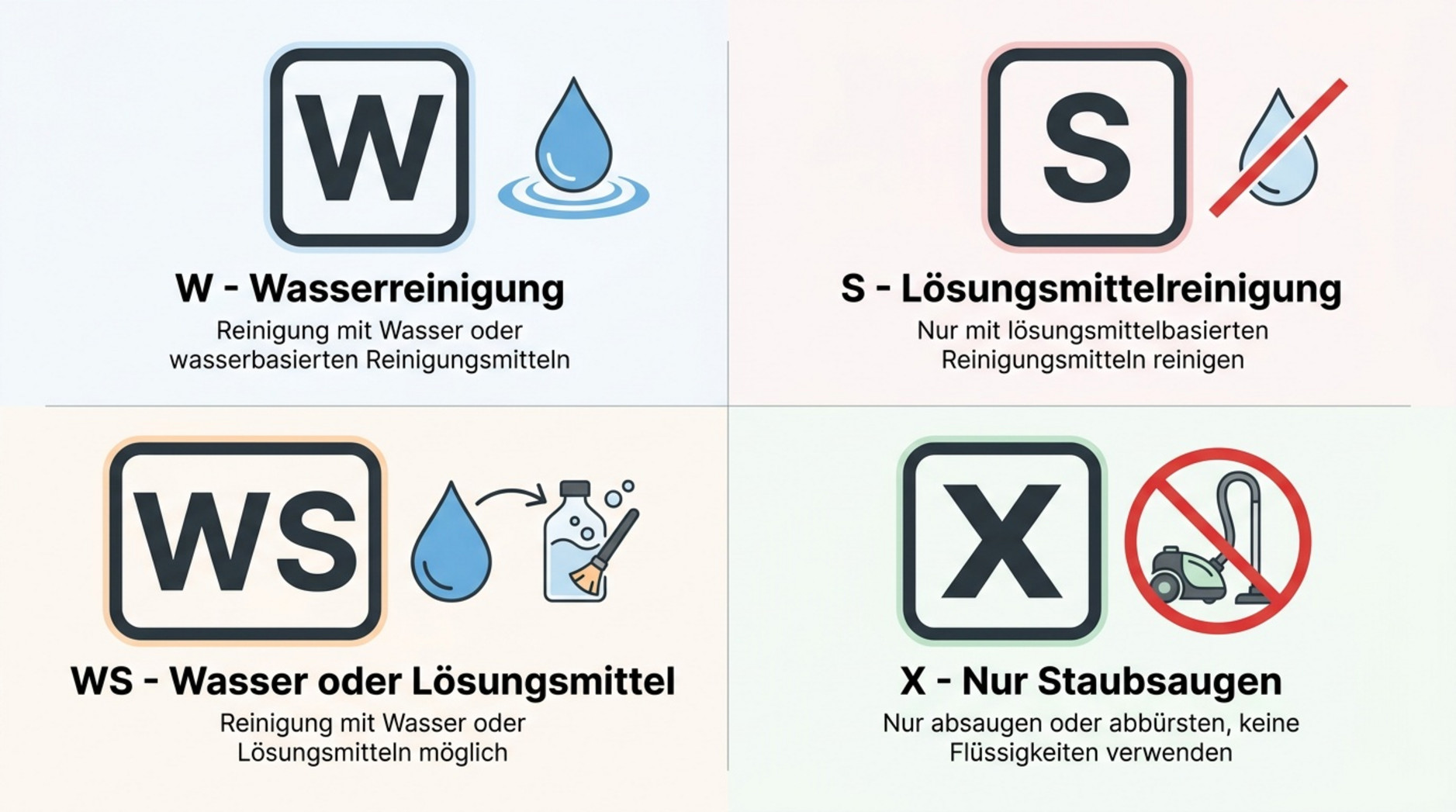 Übersicht der Reinigungscodes W, S, WS und X für Polsterstoffe mit passenden Pflegesymbolen