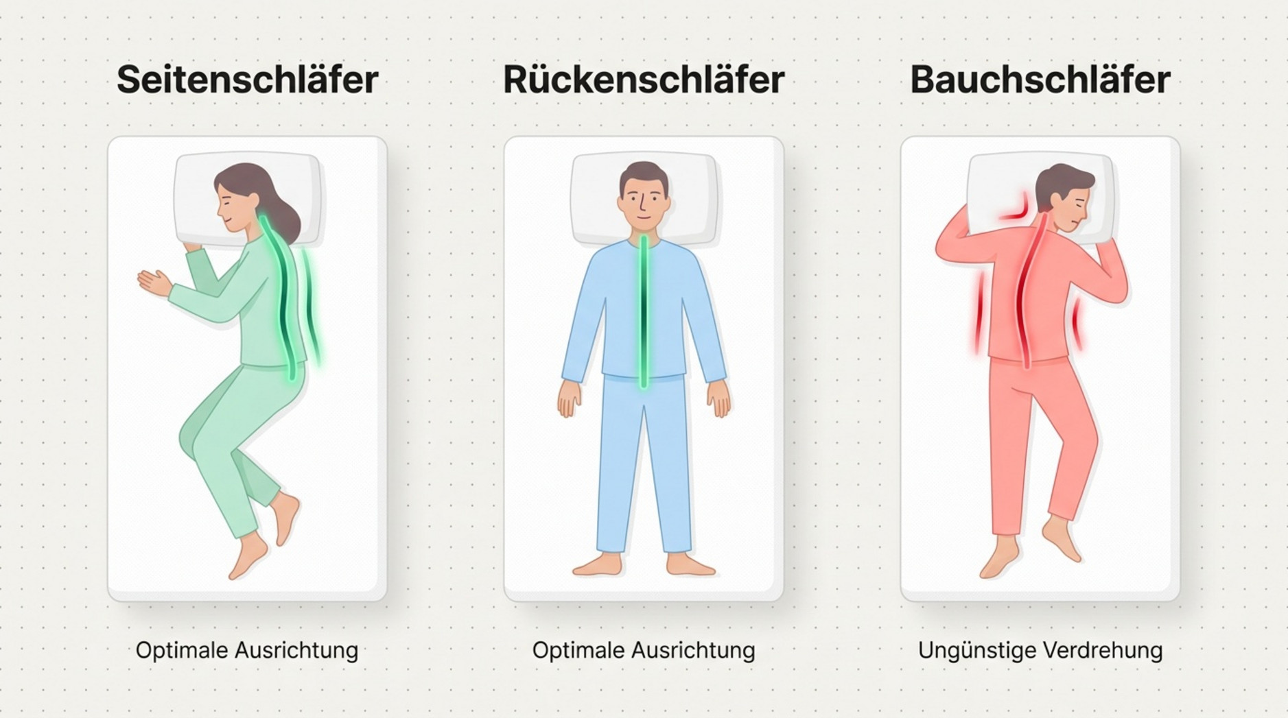 Eine Grafik, die drei Schlafpositionen (Seitenschläfer, Rückenschläfer, Bauchschläfer) und deren Auswirkungen auf die Wirbelsäule darstellt.