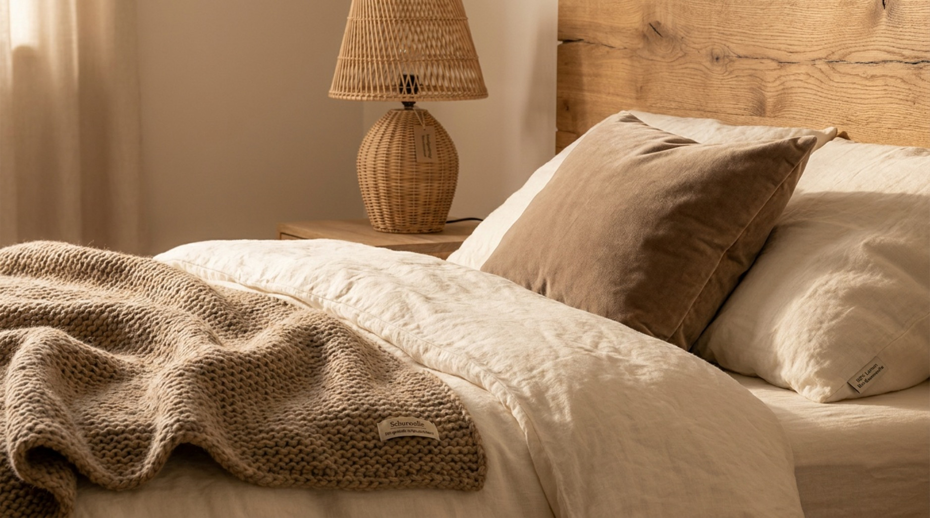 Nahaufnahme eines Betts mit heller Leinenbettwäsche, beigem Stricküberwurf, braunem Polster, Holz-Kopfteil und Rattanlampe.