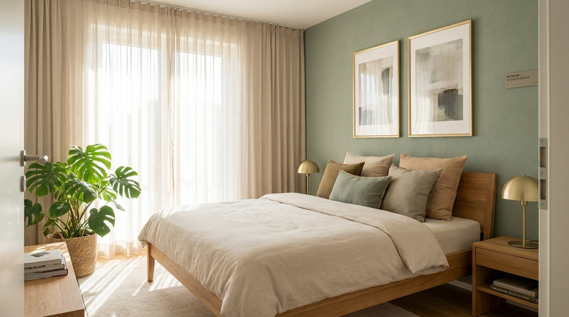 Helles Schlafzimmer mit Holzbett, grüner Akzentwand, Leinenvorhängen, goldenen Nachttischlampen und großer Monstera.