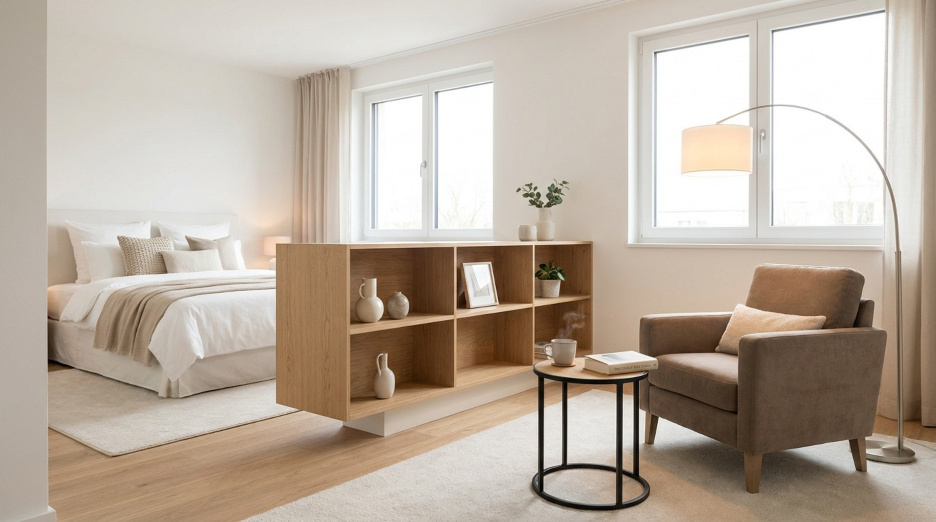 Helles Schlafzimmer mit Bett, Sessel, Beistelltisch und offenem Holzregal als Raumteiler