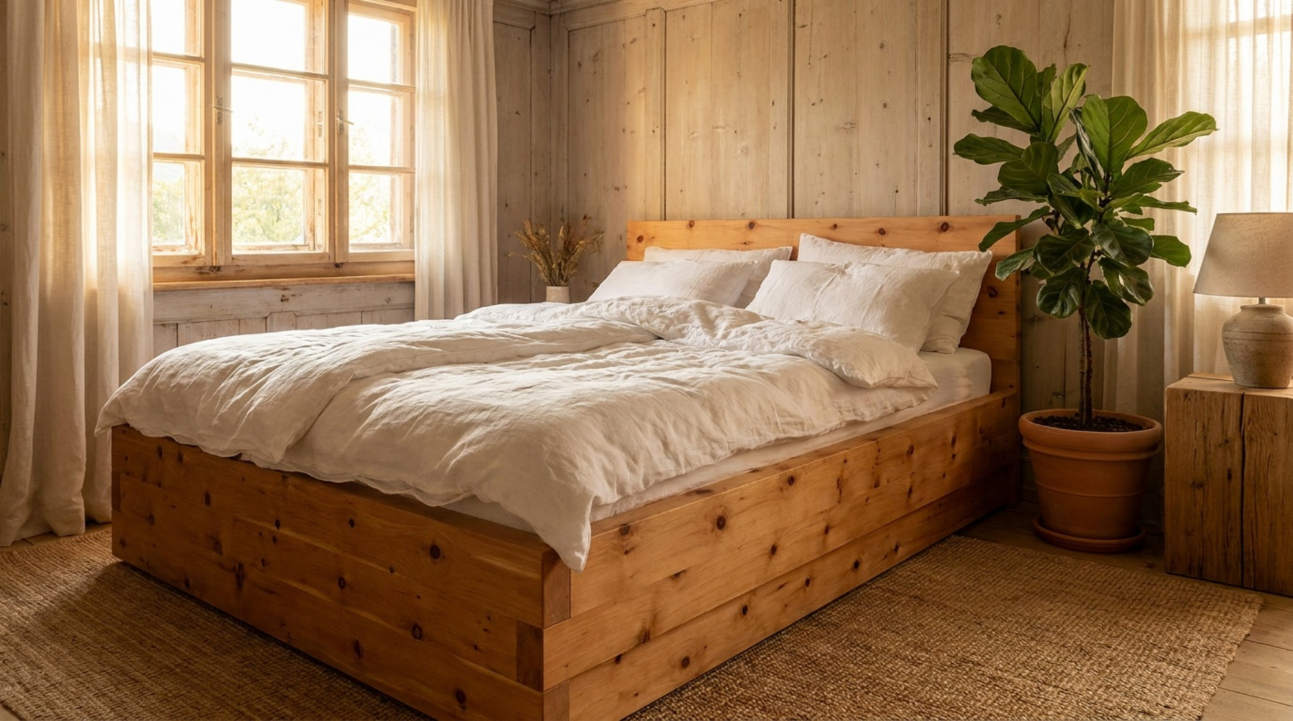 Schlafzimmer mit großem Massivholzbett, weißer Bettwäsche, Holzvertäfelung, Leinenvorhängen und Zimmerpflanze.