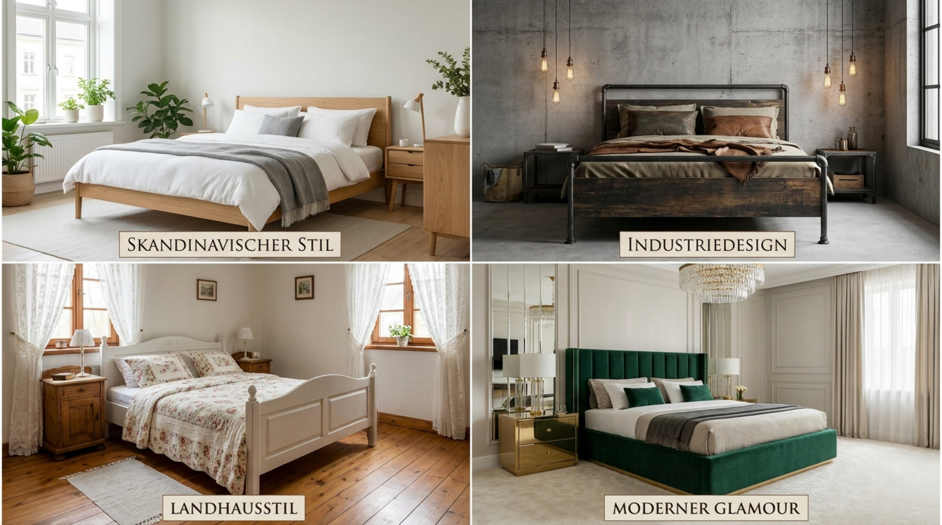 Vier Schlafzimmer im Vergleich mit skandinavischem Stil, Industriedesign, Landhausstil und modernem Glamour.