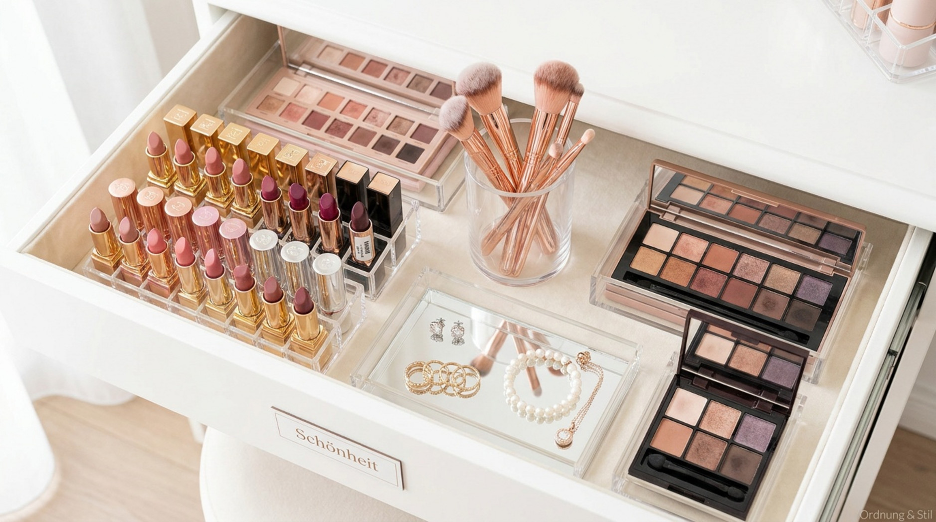 Geöffnete Schminktischschublade mit Lippenstiften, Lidschattenpaletten, Schminkpinseln und Schmuck