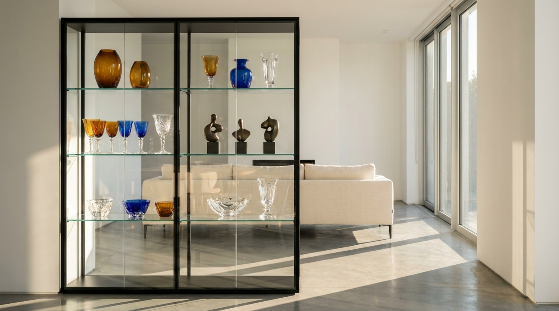Schwarze Glasvitrine mit farbigen Vasen, Gläsern und Skulpturen in einem modernen, hellen Wohnraum