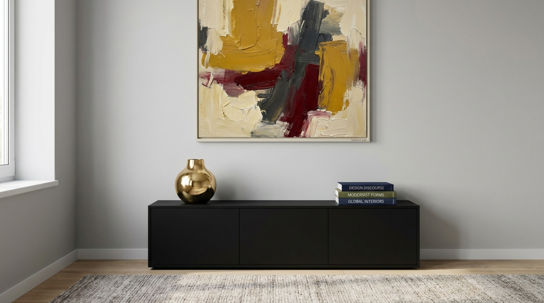 Schwarzes Sideboard vor grauer Wand mit abstraktem Gemälde, goldener Vase und gestapelten Designbüchern.