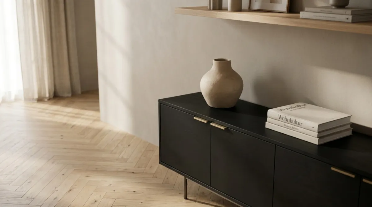 Schwarzes Sideboard mit goldfarbenen Griffen, Keramikvase und gestapelten Büchern