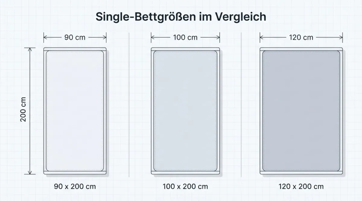 Vergleich von Single-Bettgrößen mit 90 x 200 cm, 100 x 200 cm und 120 x 200 cm