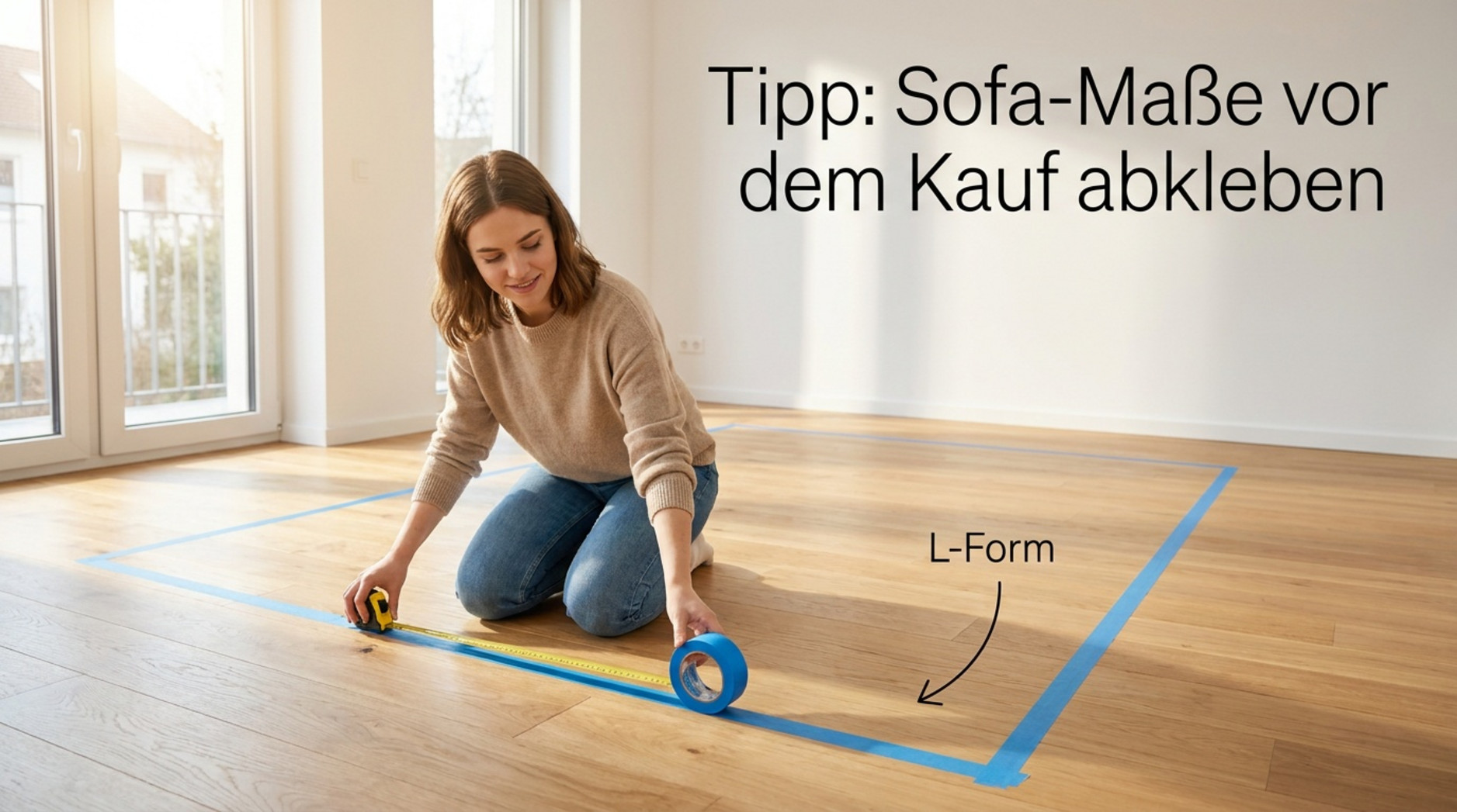 Frau klebt mit blauem Band die Maße eines L-förmigen Sofas auf dem Wohnzimmerboden ab