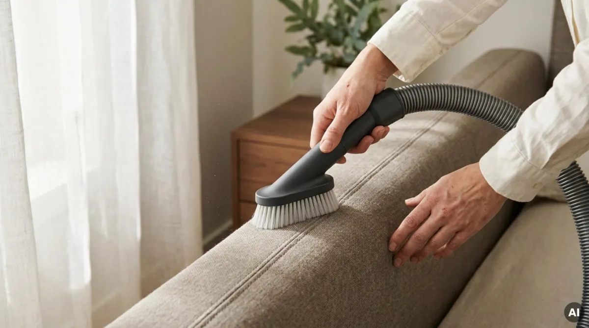 Polstersofa wird mit einer Staubsaugerbürste gründlich gereinigt
