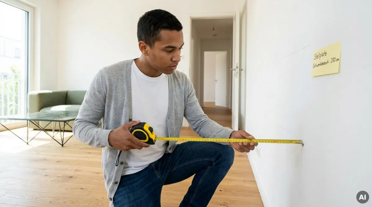 Mann misst mit einem Maßband den vorgesehenen Stellplatz für einen Schrank an der Wand aus