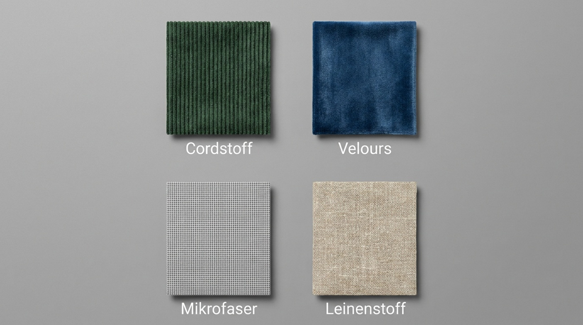 Vier beschriftete Stoffproben mit Cordstoff, Velours, Mikrofaser und Leinenstoff auf grauem Hintergrund.