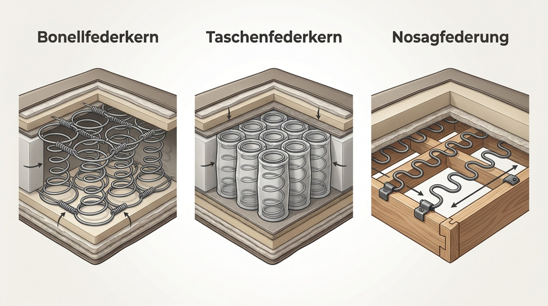 Vergleichsgrafik von Bonellfederkern, Taschenfederkern und Nosagfederung im Querschnitt