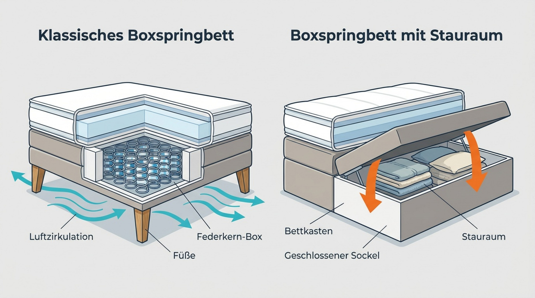 Vergleichsgrafik eines klassischen Boxspringbetts mit Federkern-Box und Luftzirkulation sowie eines Boxspringbetts mit Bettkasten und Stauraum