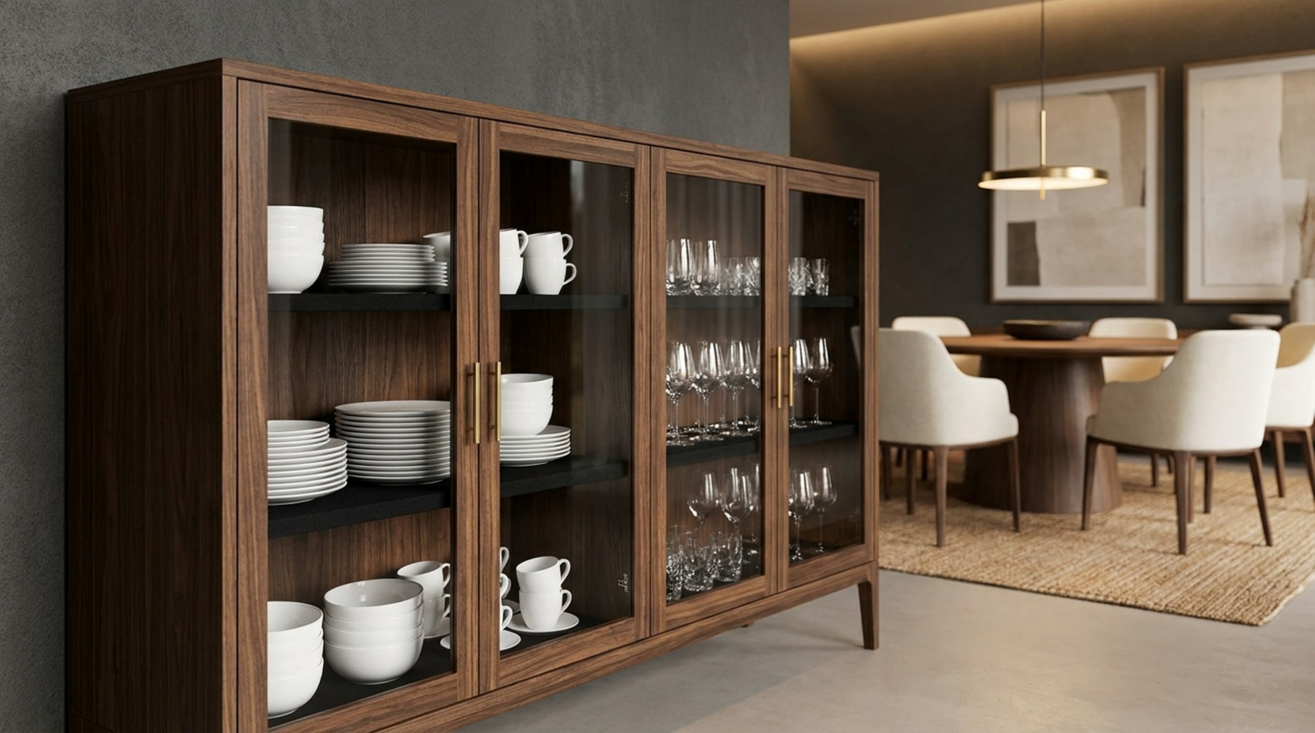 Dunkler Holzvitrinenschrank mit Glastüren, Geschirr und Gläsern neben einem Essbereich