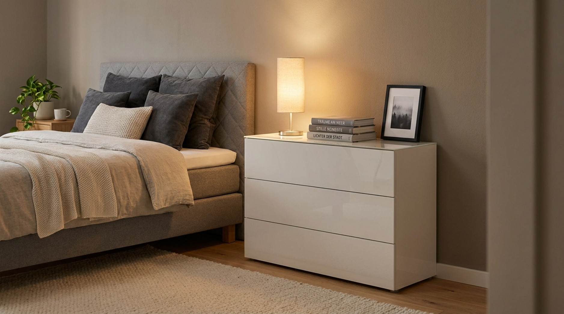 Weiße Hochglanz-Kommode mit Lampe, Büchern und Bilderrahmen neben einem grauen Polsterbett
