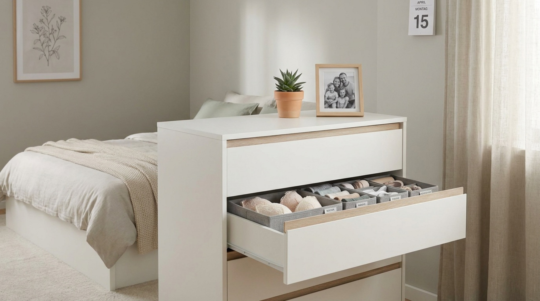 Weiße Kommode mit geöffneter Schublade und Einsätzen zur geordneten Aufbewahrung von Wäsche im Schlafzimmer