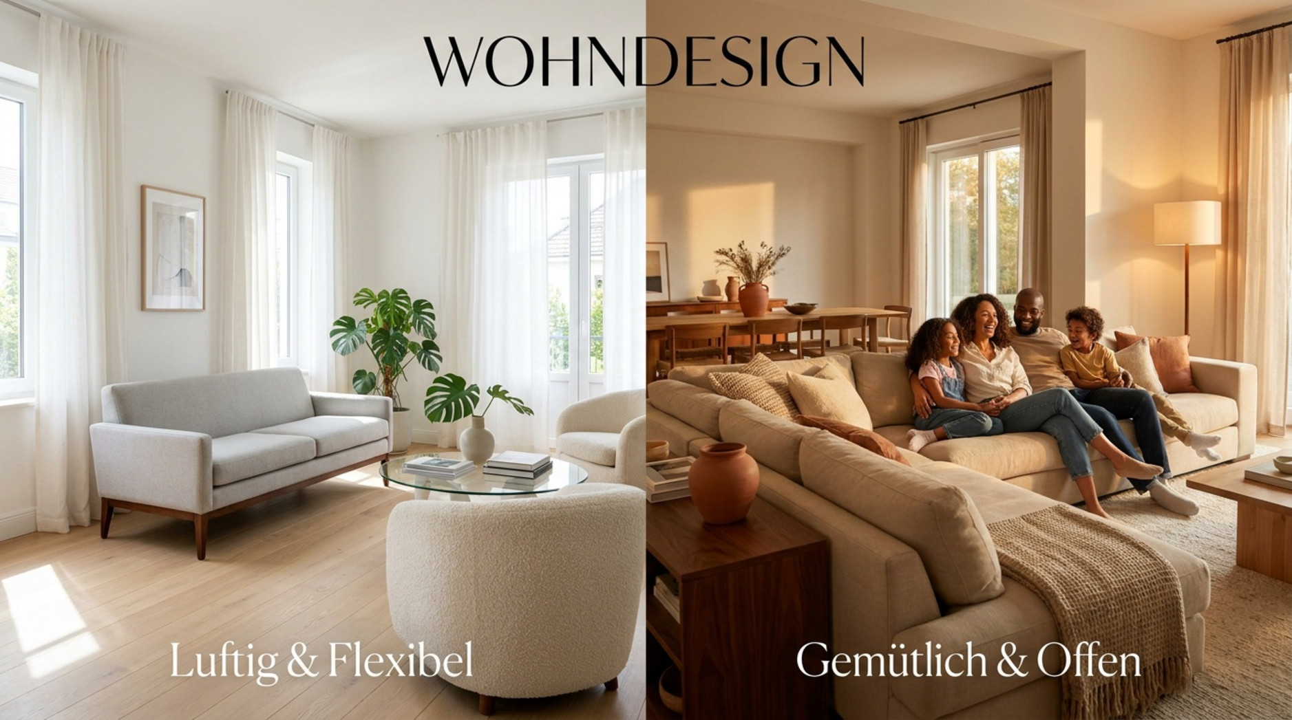 Vergleich zweier Wohnzimmerdesigns mit luftig-flexibler Einrichtung und gemütlich-offenem Familienbereich