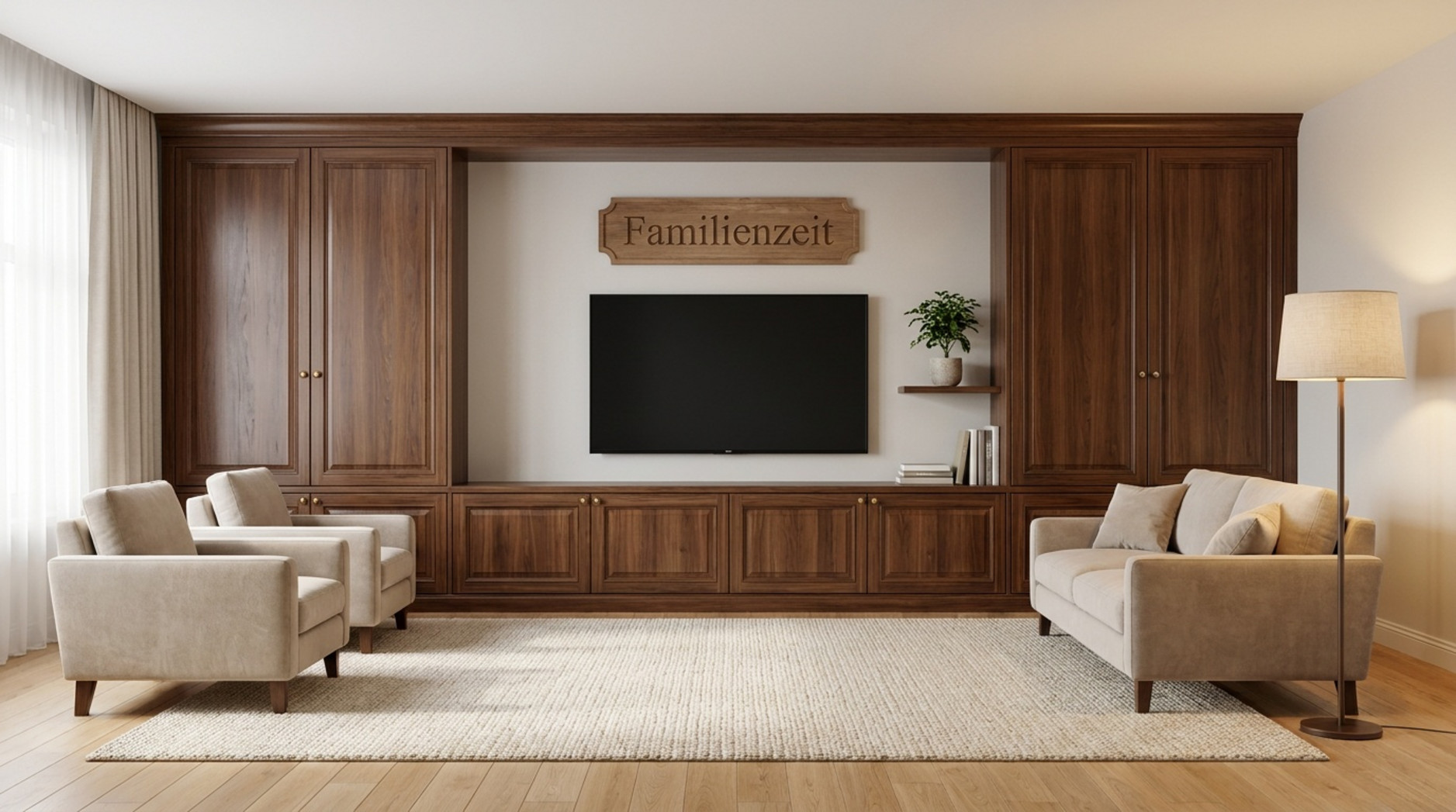 Große Wohnwand aus dunklem Holz mit integriertem Fernseher, Schränken und Regalfächern in einem hellen Wohnzimmer