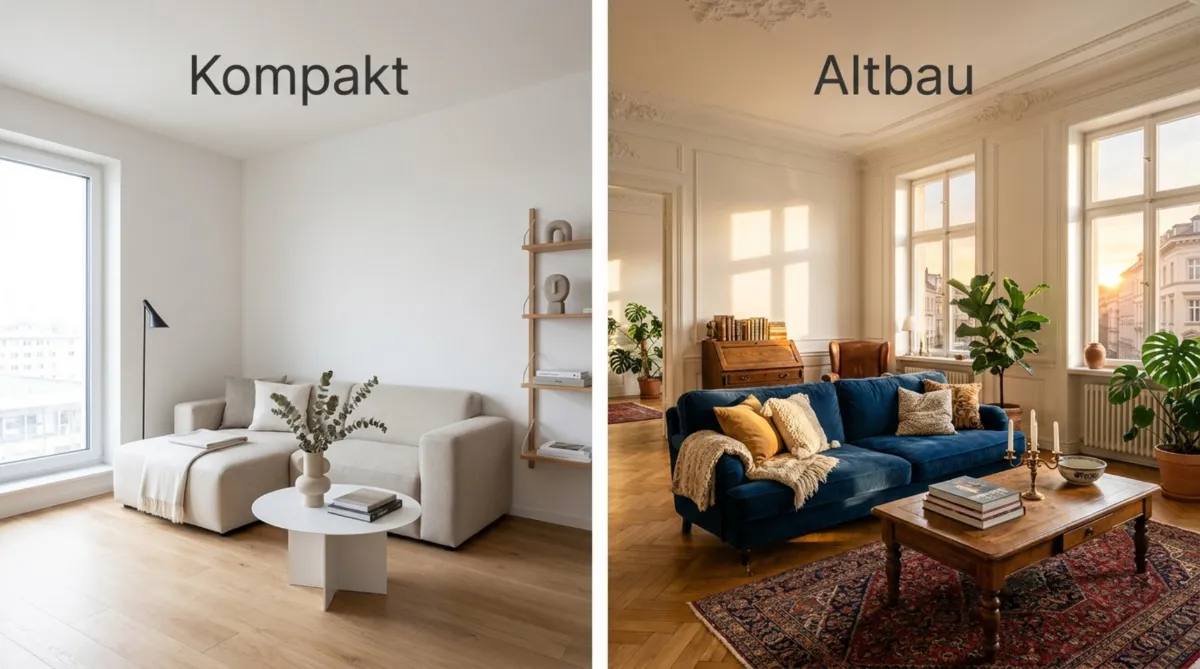 Vergleich eines kompakten modernen Wohnzimmers mit einem großzügigen Altbau-Wohnzimmer