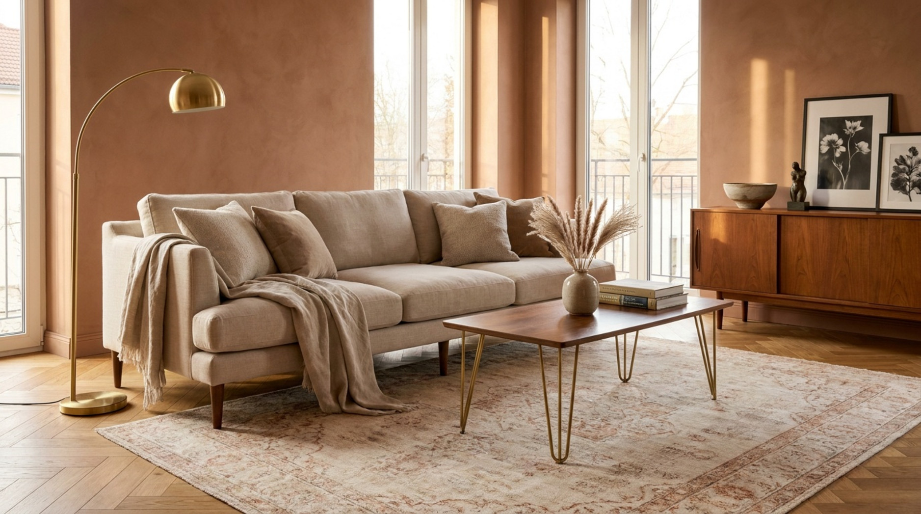 Helles Wohnzimmer mit beigem Sofa, Holzcouchtisch, Stehlampe und Sideboard