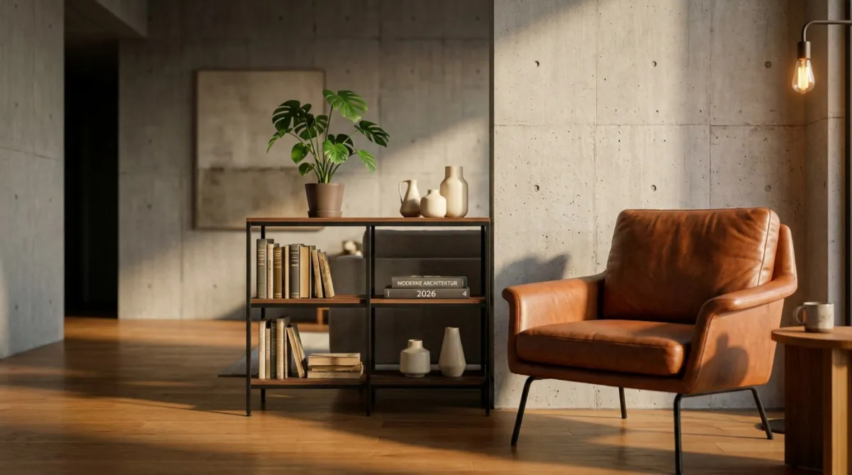 Wohnzimmer mit braunem Lederfauteuil, offenem Regal aus Holz und Metall sowie Zimmerpflanze