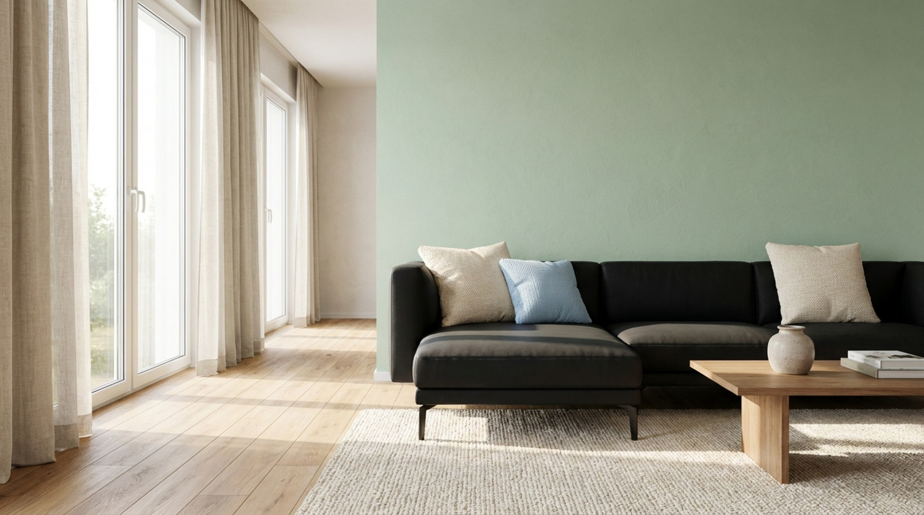 Helles Wohnzimmer mit schwarzem Sofa, mintgrüner Wand, hellen Vorhängen, Holzboden und schlichtem Couchtisch.