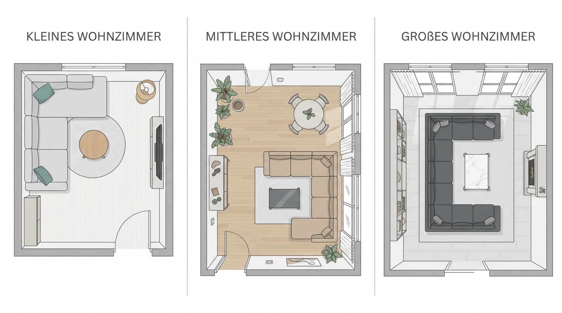 Vergleich von Grundrissen für ein kleines, mittleres und großes Wohnzimmer mit unterschiedlichen Sofa-Anordnungen