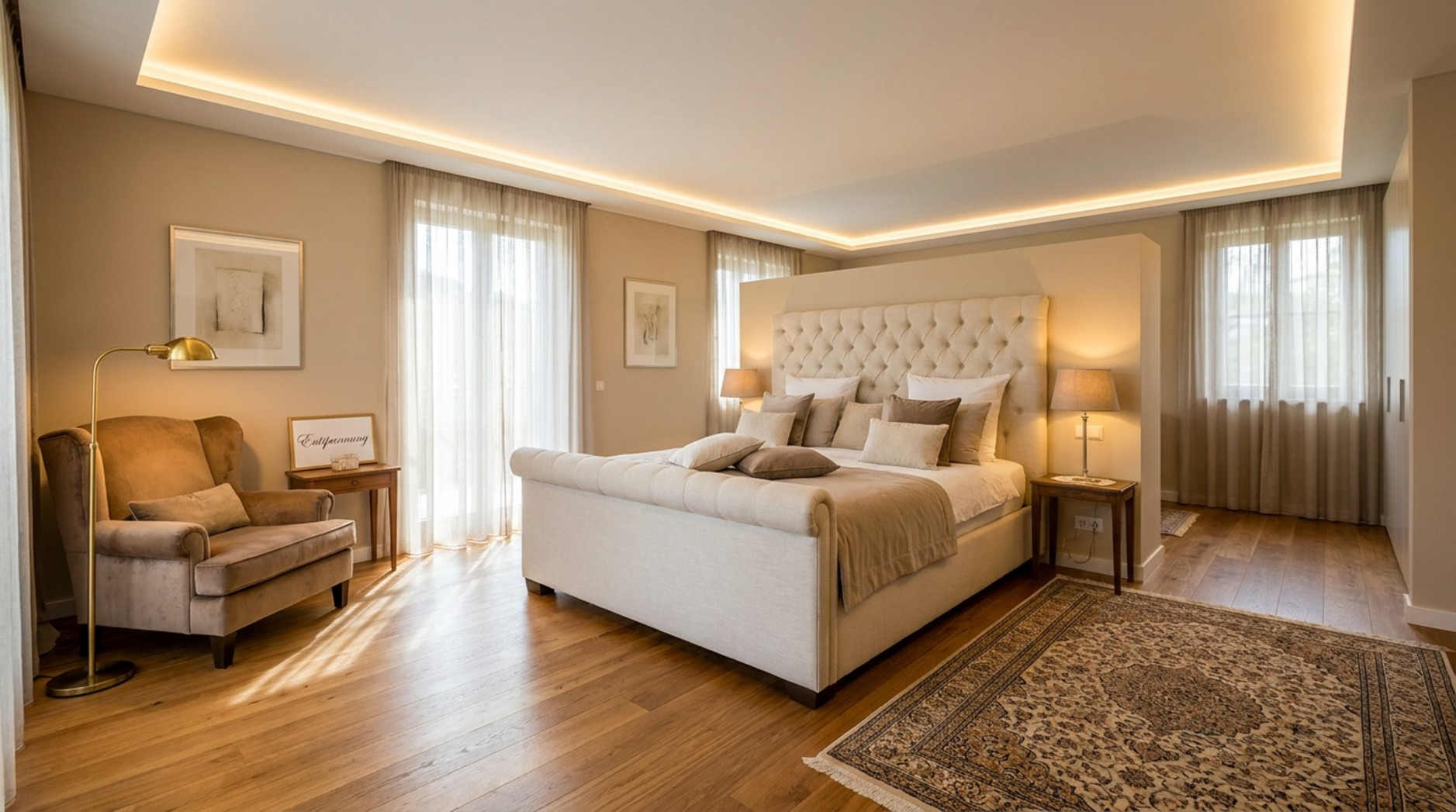 Große Schlafzimmer wohnlich statt leer wirken lassen