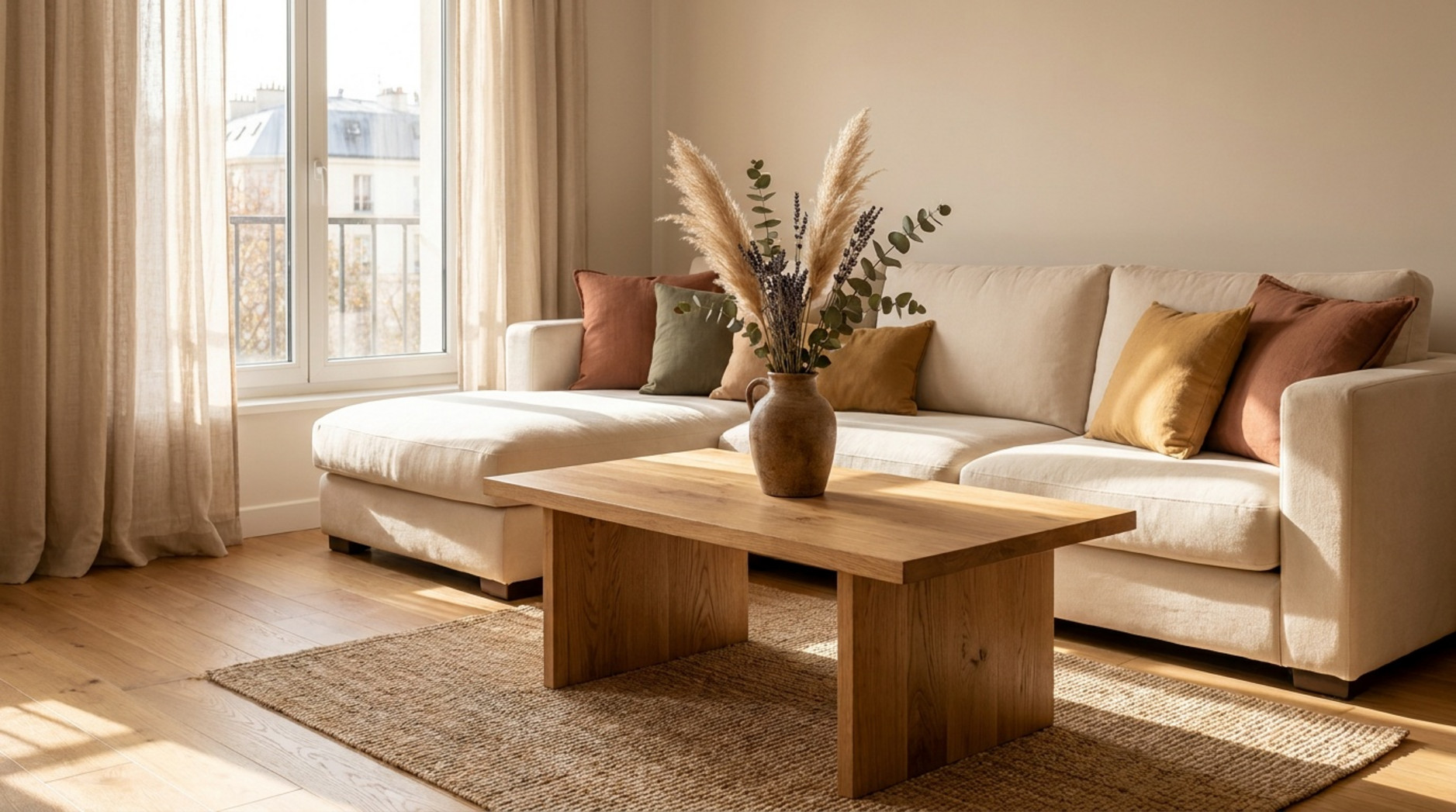 Holz und Stoff im Wohnzimmer harmonisch kombinieren