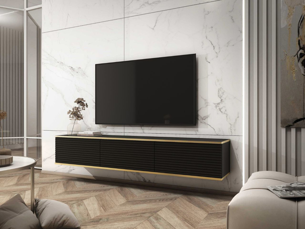 TV-Lowboard Hänge mit Türen 175 cm Diolo Schwarz mit geriffelter Vorderseite