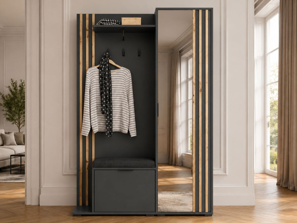 Garderobe mit Spiegel und Kleiderhaken Macron Graphit Artisan Eiche