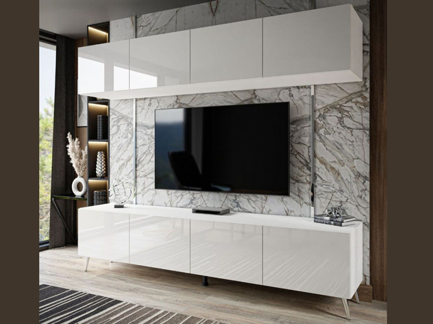 Wohnwand für das Wohnzimmer auf Silbernen Metallbeinen Noaé Weiß Hochglanz