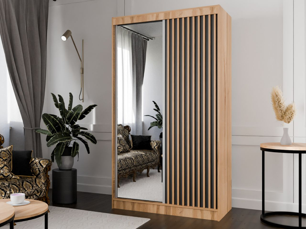 Schiebetürenschrank mit Spiegel und Lamellen 120 cm Loreto Handwerk Goldene Eiche, Schwarz