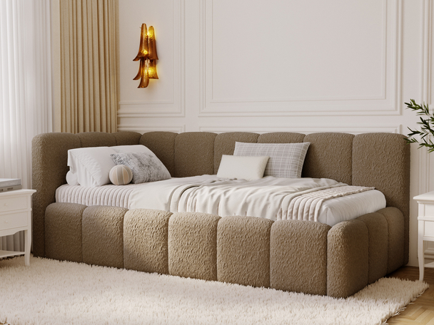Jugendbett Einzelbett mit Bettkasten und Lattenrost 90x200 Cloud One Braun Bouclé-Stoff