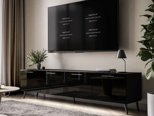 TV-Lowboard mit Türen und LED-Beleuchtung auf Schwarzen Metallbeinen 200 cm Noaé Schwarz Hochglanz