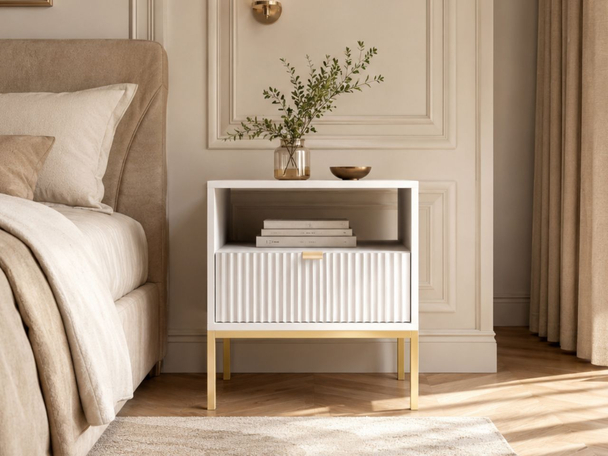 Nachtschrank mit Schublade Amber Weiß, Gold Frame