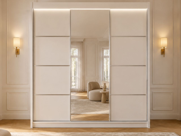 Schiebetürenschrank mit Spiegel 250 cm mit LED-Beleuchtung Portel Weiß