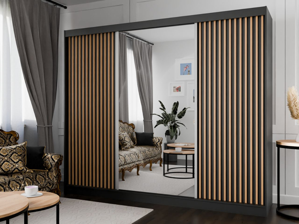 Schiebetürenschrank mit Spiegel und Lamellen 250 cm Loreto Schwarz